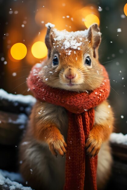 Фото Искусственный интеллект создал красную белку, стоящую во время снегопада с красным шарфом на шее.