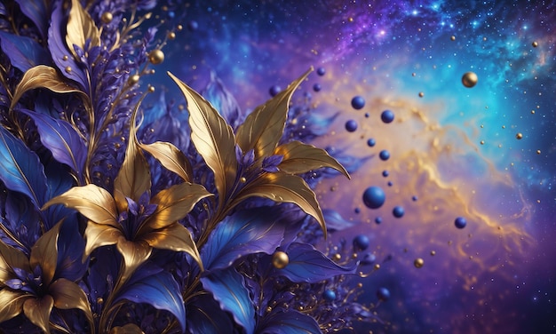 ИИ создал абстрактные синие и золотые листья для небесных тематических художественных начинаний