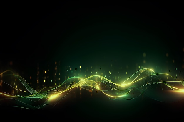 ИИ создал абстрактный футуристический фон с зелеными и желтыми неоновыми линиями музыкальной волны