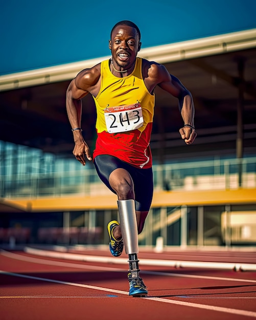 AI generated an African American athlete with a artificial leg running on a track and field track