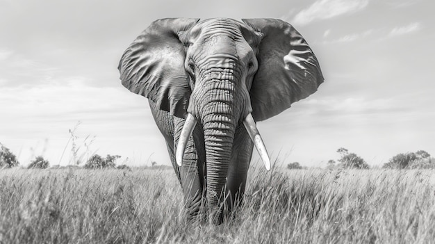 Африканский слон, созданный искусственным интеллектом, прогуливается по травяной равнине