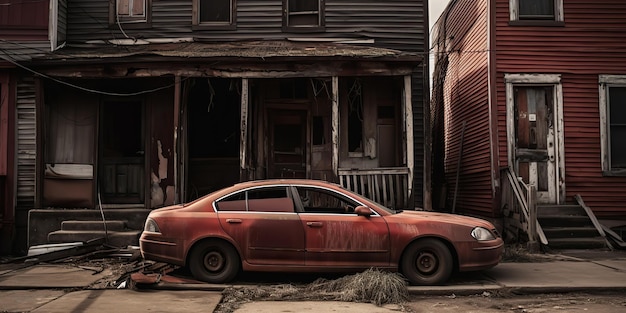 Photo ai generated ai generative abandoned house and car in the world after financial broken