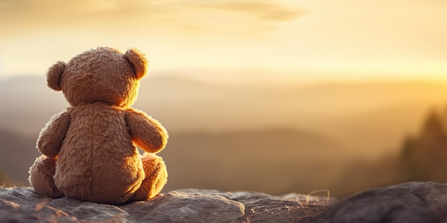 AI Generated AI Generative Alone mist een speelgoedpop, een kleine beer die naar de zonsondergang kijkt