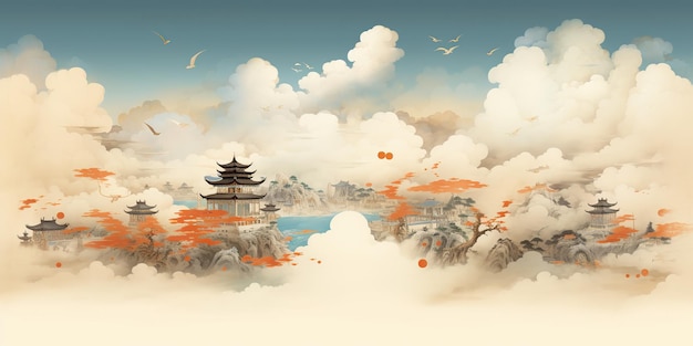 AI Generated AI Generative Ancient chinese temple mountain fog mist landscape Vacation