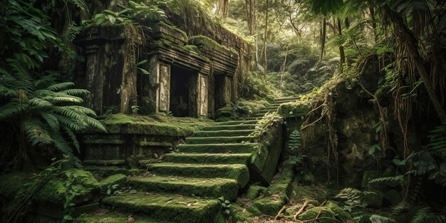 AI Generated AI Generative Ancient old jungle forest building ruin history civilisation outdoor landscape Graphic Art Illustration