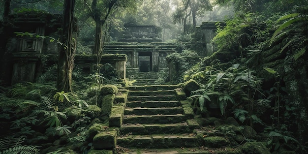 AI 생성 AI 생성 고대 오래된 정글 숲 건물 유적 역사 문명 야외