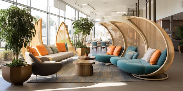 Сгенерированная ИИ комната отеля с генеративной архитектурой AI, расслабляющая с удобными креслами для сидения