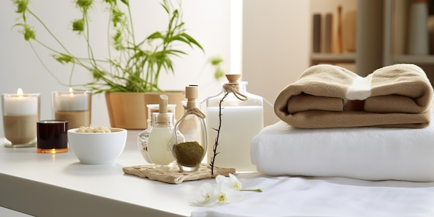 AI Generated AI Generative Aroma spa relaxing beauty concept with white clean towels and cosmetic