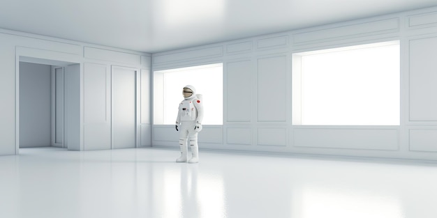 AI Generated AI Generative Astronaut in een witte lege kamer Minimal space adventures pak view