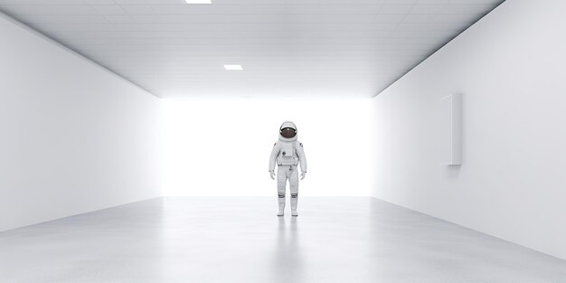 Foto ai generated ai generative astronaut in een witte lege kamer minimale ruimte avonturen pak view grafische kunst