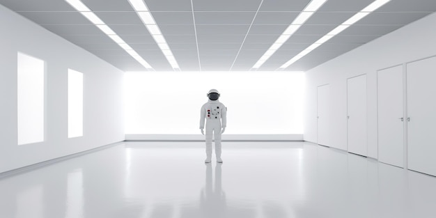 Ai generated ai generative astronaut in white empty room minimal space adventures suit view graphic art