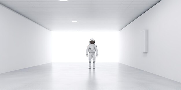 Photo ai generated ai generative astronaut in white empty room minimal space adventures suit view