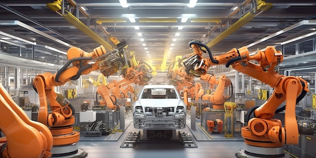 AI Generated AI Generative Automotive fabrieksautoproductie door toekomstige technologie van robots