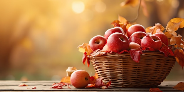 Сгенерированный AI Генеративный AI Осенние осенние свежие органические красные яблоки в деревянной корзине Графическое искусство Иллюстрация