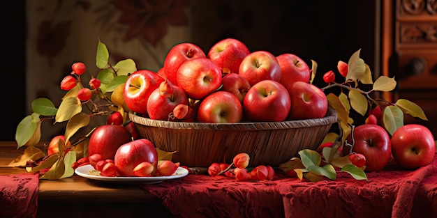 AI Generated AI Generative Autumn fall fresh organic red apples in wooden basket Graphic Art Illustration