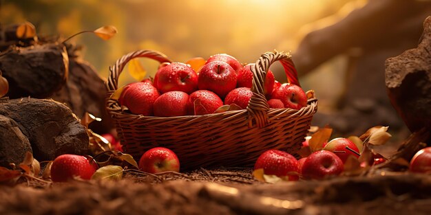 AI Generated AI Generative Autumn fall fresh organic red apples in wooden basket Graphic Art