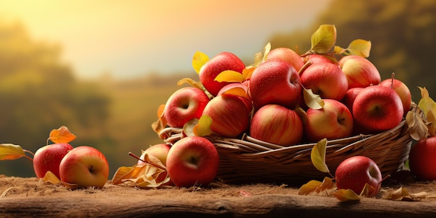 AI Generated AI Generative Autumn fall fresh organic red apples in wooden basket Graphic Art