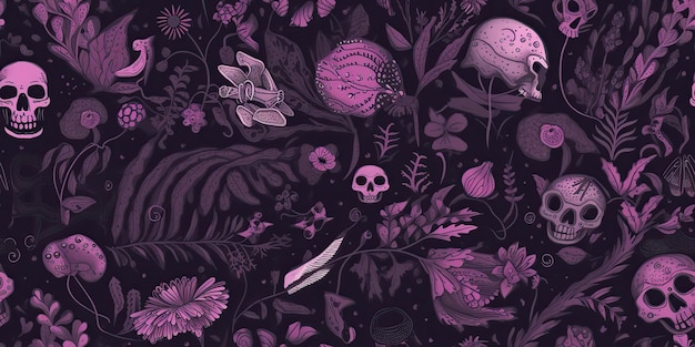 AI Generated AI Generative Background pattern with dark moody forest flowers and skulls