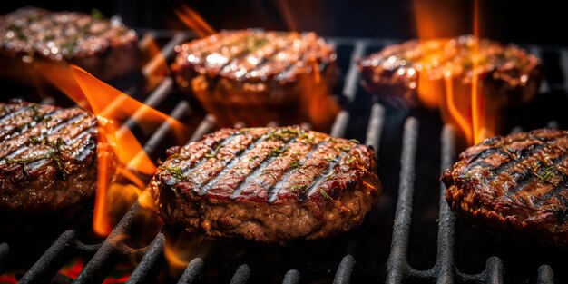 Foto ai generato ai generativo bbq griglia barbecue bistecca fuoco fiamma carne preparazione di cena succosa pasto di festa arte grafica