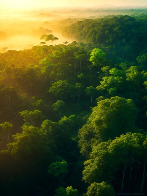 Foto bellissimo paesaggio verde della foresta amazzonica al tramonto e all'alba