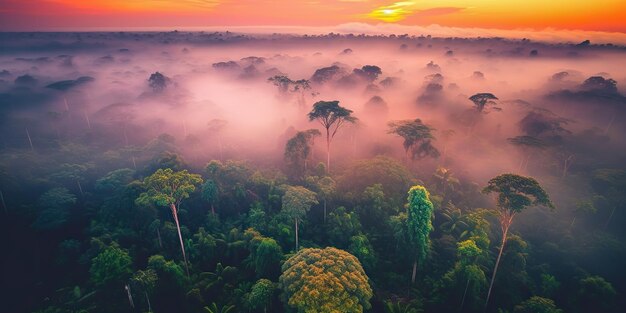 AI Generated AI Generative Beautiful green amazon forest landscape at sunset sunrise