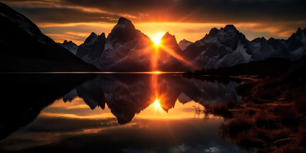 AI Generated AI Generative Beautiful illustration photo or mountain lake sunset Adventure calm vibe