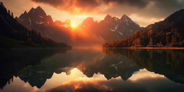 AI Generated AI Generative Beautiful illustration photo or mountain lake sunset Adventure calm vibe