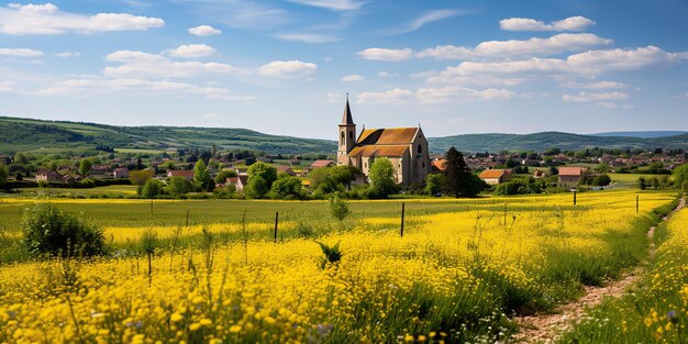 AI Generated AI Generative Beautiful nature outdoor landscape with church on a hill field meadow background Graphic Art