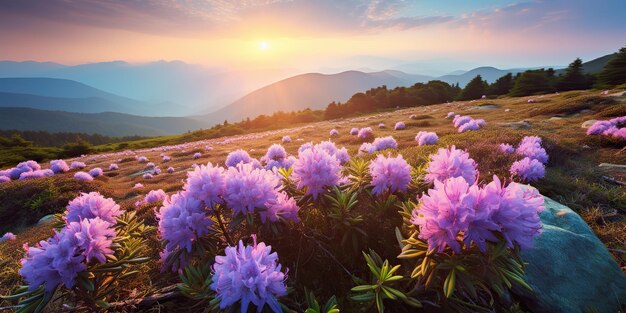 AI が生成した AI 生成夕日の山野フィールドの風景の上に美しいシャクナゲの花