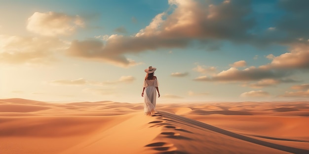 Фото Сгенерированный ai генеративный ai красивая женщина гуляет по бело-желтой дюне природа на открытом воздухе