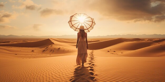 Сгенерированный AI Генеративный AI Красивая женщина гуляет по бело-желтой дюне Природа на открытом воздухе