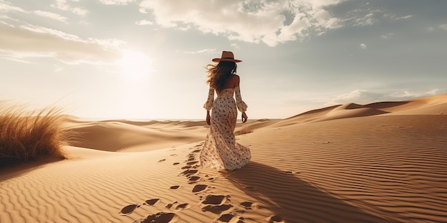 Сгенерированный AI Генеративный AI Красивая женщина гуляет по бело-желтой дюне Природа на открытом воздухе