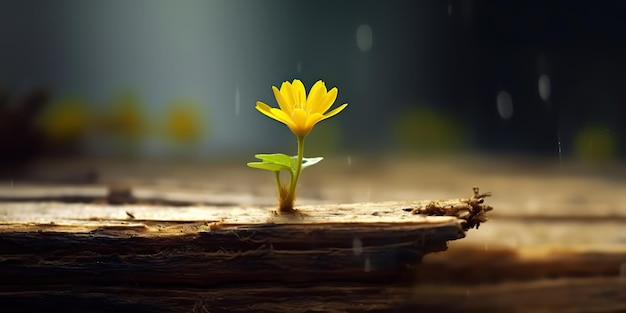 AI Generated AI Generative Beautiful yellow flower growing from wooden brick block table