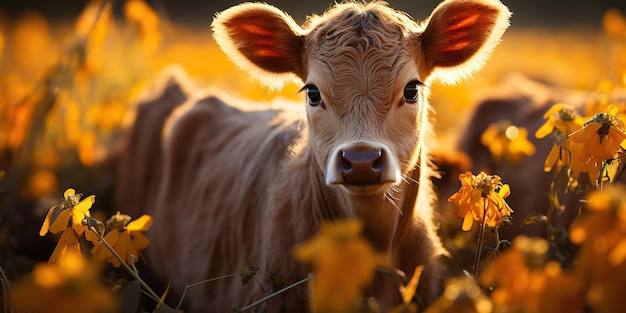 AI Generated AI Generative Beautiful young tittle calf on sunflower field at sunset Nature landscape