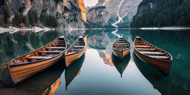 Photo ai generated ai generative boats on the braies lake in dolomites mountains illustration