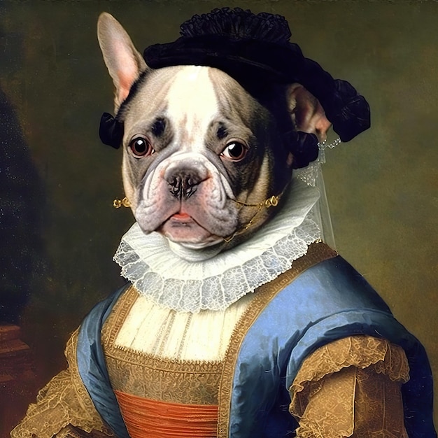 Ai generated ai generative bulldog frenchie dog in history renaissance cloth costume graphic art