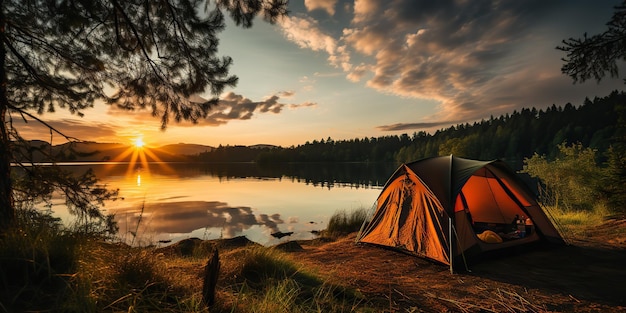 Foto ai generated ai generative camping ontspanningstijd tent bij meer prachtige landschap achtergrond avontuurlijke vakantie rafting tijd grafische kunst