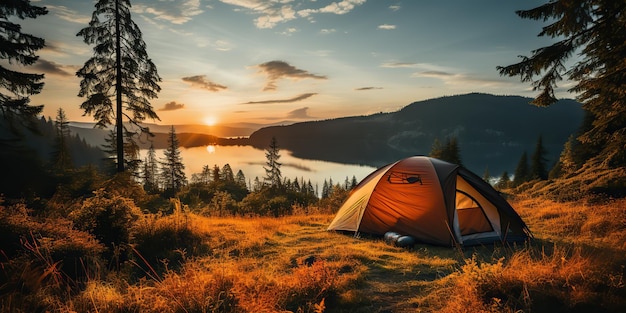 Сгенерированный AI Генеративный AI Палатка для отдыха на природе у озера, красивый пейзаж