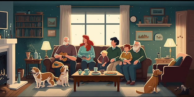 AI Generated AI Generative Cartoon-stijl gezellig huis grote familie illustratie Fijne sfeervakantie