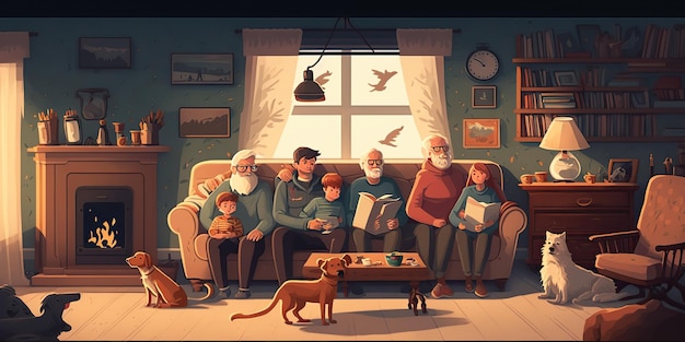 Photo ai generated ai generative cartoon style cozy home big family illustration happy vibe holiday