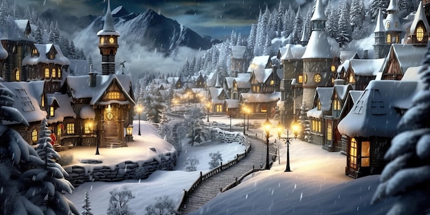 AI Generated AI Generative Cartoon village xmas christmas new year snow houses