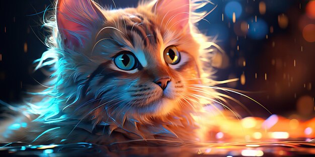 AI Generated AI Generative Cat sitting close to neon glowing light Portrait pet animal face cyberpunk neon style Graphic Art Illustration