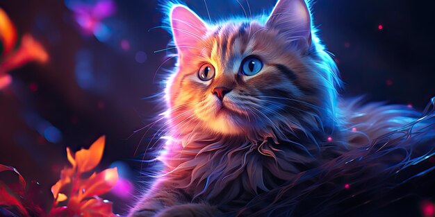 AI Generated AI Generative Cat sitting close to neon glowing light Portrait pet animal face cyberpunk neon style Graphic Art Illustration