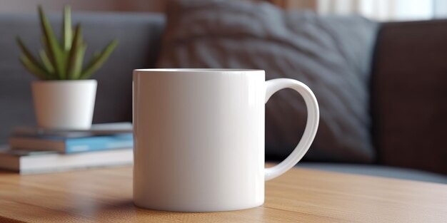 Сгенерированный AI AI Generative Керамическая кружка белого цвета чашка утреннего чая кофе на деревянном столе в светлой кухне Может использоваться для продвижения или графического дизайна бренда Graphic Art