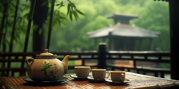 Photo ai generated ai generative chinese temple with tea set on bamboo table asian traditional