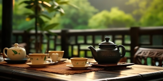 Photo ai generated ai generative chinese temple with tea set on bamboo table asian traditional