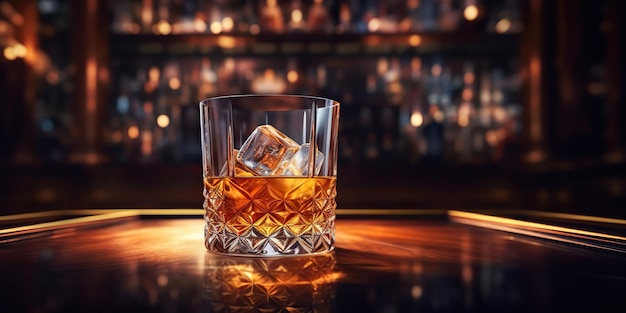 AI Generated AI Generative Classic alcohol whiskey scotch drink in glass with ice cubes at bar pub