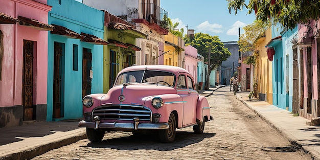 AI Generated AI Generative Classic vintage retro pink cadillac at cuba latin tropical exotic