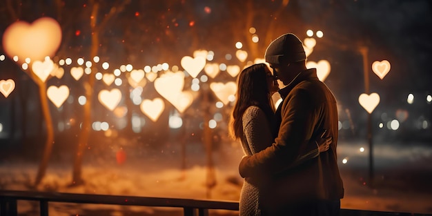 AI Generated AI Generative Couple hug each other at night with light glowing Romantic love