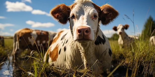 AI Generated AI Generative Cow dier gezicht frontale grappige portret op groene veld boerderij Landschap boerderij natuur buiten dorp live stijl Grafische kunst